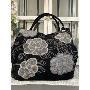 Angels by The Sea Waikiki Black Floral Crewel Embroidered Large Handbag Tote USA